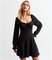 Women's Black Square Neck Crinkled Long Sleeved Mini Dress New Look
