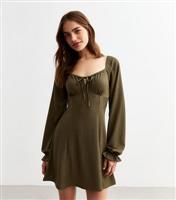 Women's Khaki Square Neck Crinkled Long Sleeved Mini Dress New Look