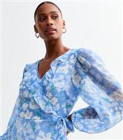Women's Blue Floral Wrap Chiffon Midi Dress New Look
