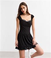 Women's Black Embroidered Bow Trim Mini Dress New Look