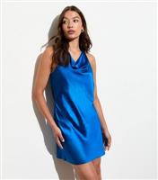 Women's Blue Satin Cowl-Neck Mini Dress New Look