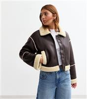 Girls' Brown Faux Leather Crop Aviator Jacket New Look