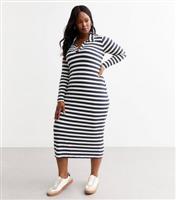 Women's Plus Size Blue Striped Collared Midi Dress Curves New Look