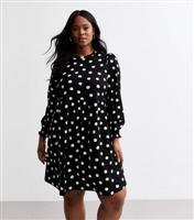 Women's Plus Size Black Polka Dot Crinkled Mini Smock Dress Curves New Look
