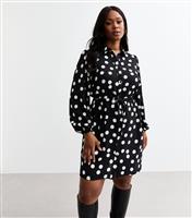 Women's Plus Size Black Polka Dot Mini Shirt Dress Curves New Look
