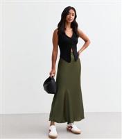 Women's Petite Khaki Satin Midi Skirt New Look