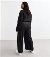 Women's Plus Size Black Rib Jersey Wide Leg Trousers Curves New Look