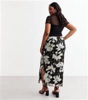 Women's Plus Size Blurred Floral Stretch Mesh Midi Skirt Curves New Look