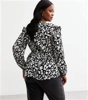 Women's Plus Size Black Woven Printed Frill Trim Wrap Top Curves New Look