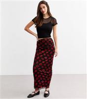 Women's Black Lipstick Print Ruched Mesh Midi Skirt New Look