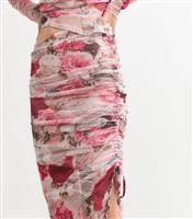 Women's Pink Ruched Mesh Newspaper Print Midi Skirt New Look