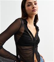 Women's Black Sheer Button Up Mesh Shirt New Look