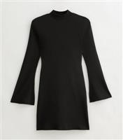 Women's Petite Black Rib Jersey Flare Sleeve Mini Dress New Look