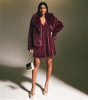 Women's Burgundy Velvet Long Sleeve Mini Dress New Look