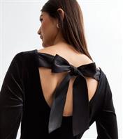 Women's Black Satin Bow Long Sleeve Velvet Mini Dress New Look