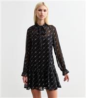Women's Black Bow Print Tie Neck Chiffon Mini Dress New Look