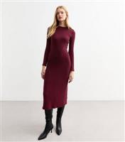 Women's Burgundy Ribbed Crew Neck Midi Dress New Look