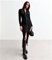 Women's Black Zip Front Rib Knit Midi Dress New Look