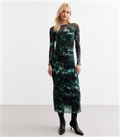 Women's Tall Green Printed Ruched Mesh Midi Dress New Look