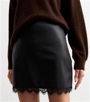 Women's Black Lace Hem Faux Leather Mini Skirt New Look