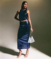 Women's Navy Sequinned Midi Skirt New Look