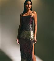 Women's Black Sequinned Ombr Side Slit Midi Dress New Look