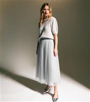 Women's Grey Sequinned Tulle Midi Skirt New Look
