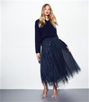 Women's Navy Sequinned Tulle Midi Skirt New Look