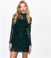 Women's Green Lace High Neck Long Sleeve Mini Dress New Look