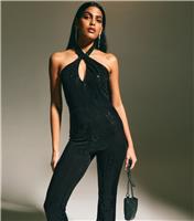 Women's Black Halterneck Sequinned Jersey Flared Jumpsuit New Look
