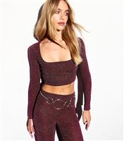 Women's Burgundy Metallic Long Sleeve Crop Top New Look