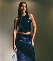 Women's Navy Sequinned Cropped Top New Look