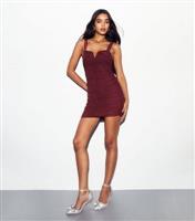 Women's Burgundy Ruched Stretch Mesh Mini Dress New Look