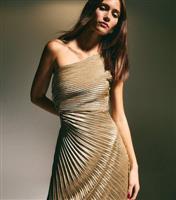 Women's Gold Metallic Foil Pleated One Shoulder Maxi Dress New Look