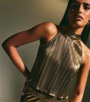 Women's Gold Plisse Halterneck Top New Look