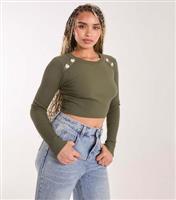 Women's Khaki Diamant Heart Ribbed Crop Top Pink Vanilla New Look