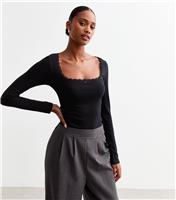 Women's Black Square Neck Lace Trim Top New Look
