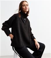 Women's Black Button Up Borg Sweatshirt New Look