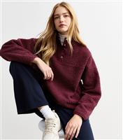 Women's Burgundy Button Up Borg Sweatshirt New Look