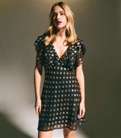 Women's Black Foil Polka Dot Ruffled Chiffon Mini Dress New Look