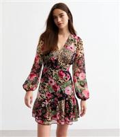 Women's Pink Peony Floral Leopard Print Mini Dress New Look