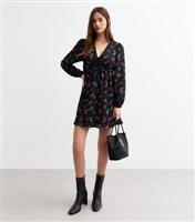 Women's Black Rose Print V-Neck Ruffle Mini Dress New Look