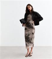 Women's Grey Abstract Print Mesh Flared Sleeve Midi Dress New Look