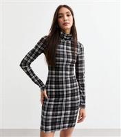 Women's Black Check Stand Collar Jersey Mini Dress New Look