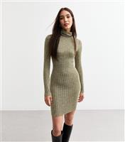 Women's Khaki Fine Rib Knit Roll Neck Mini Dress New Look