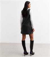 Women's Black Faux Leather V Neck Mini Pinafore Dress New Look