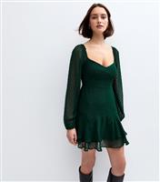 Women's Dark Green Bobble Stitched Chiffon Mini Dress New Look