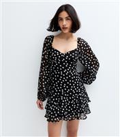 Women's Black Polka Dot Sweetheart Neck Chiffon Mini Dress New Look
