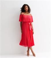 Women's Red Bardot Pleated Satin Midi Dress Cutie London New Look