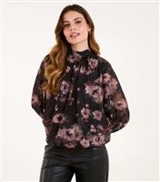 Women's Black Floral High Neck Blouse Blue Vanilla New Look